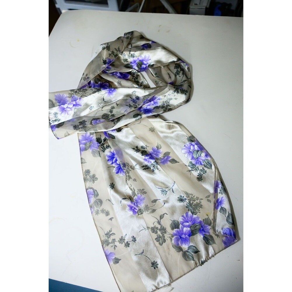 Neck Scarf Satin Gray with Blue Floral print 13x60" Rectangle
